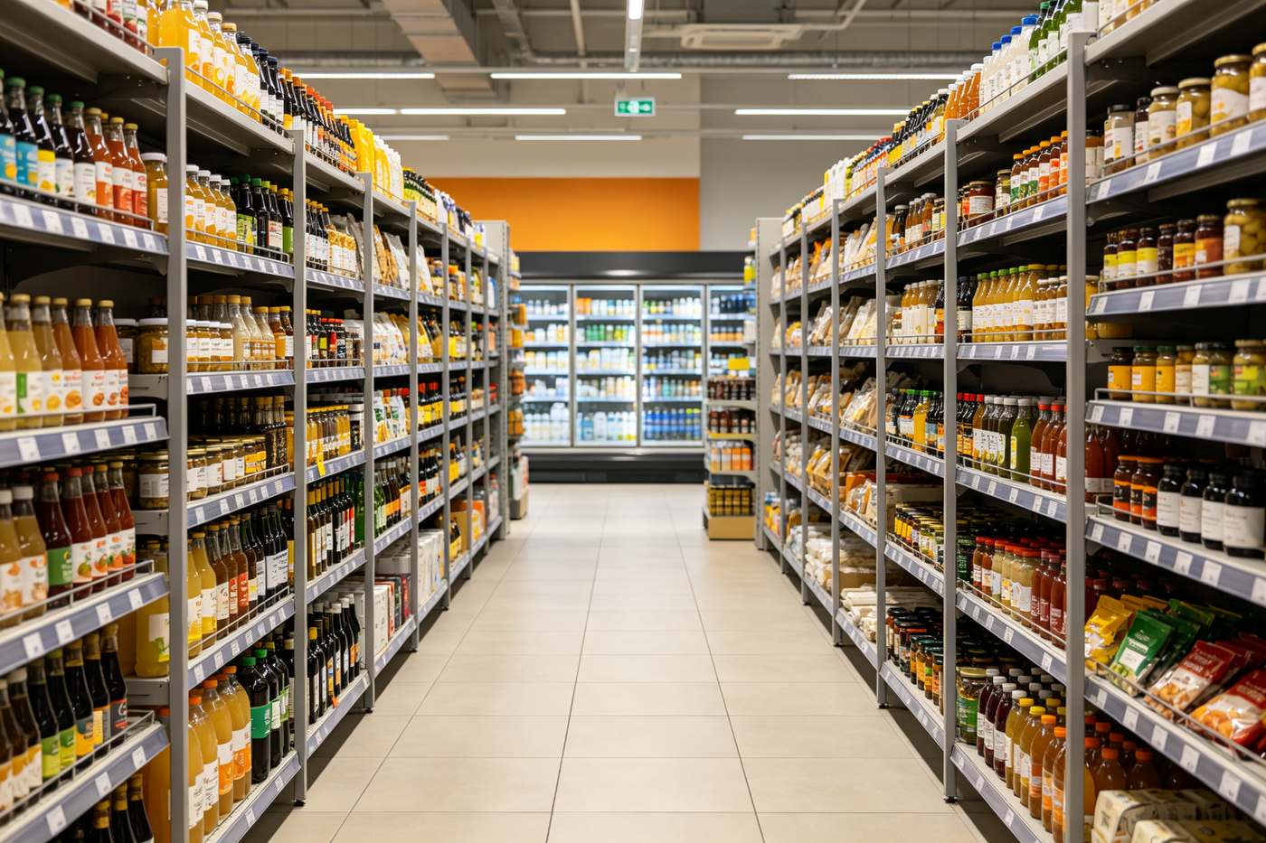 Finished gondola shelving installed in a retail store