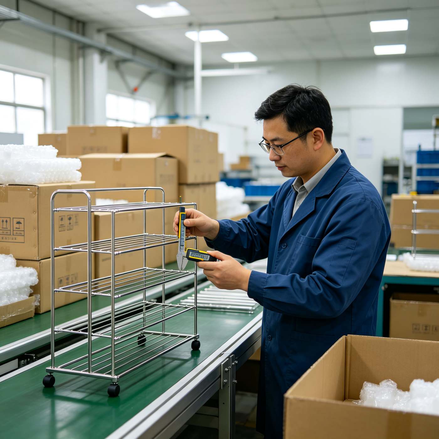 Quality inspector measuring display rack dimensions